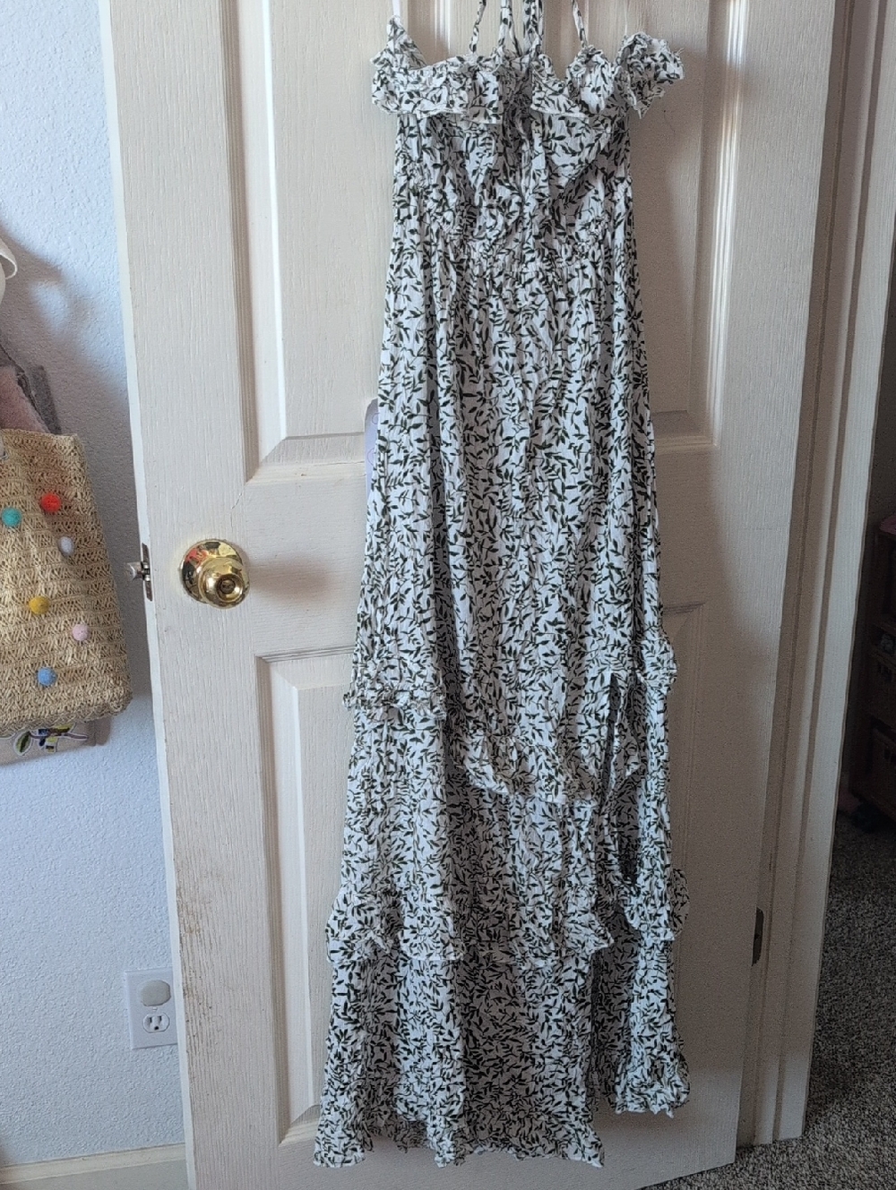 White Maxi Dress with Black Leaf Print